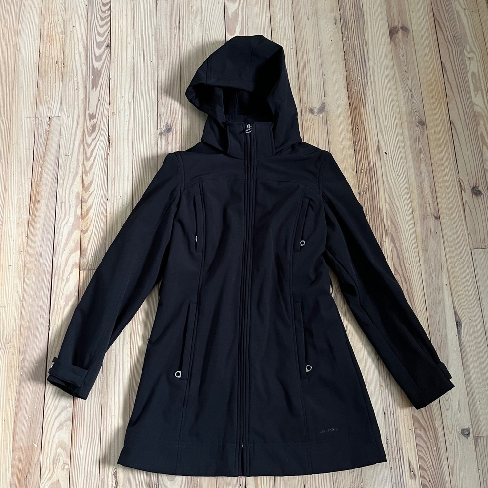 Calvin Klein Softshell Jacket Womens XS Black Hooded Fleece Lined Rain Coat
